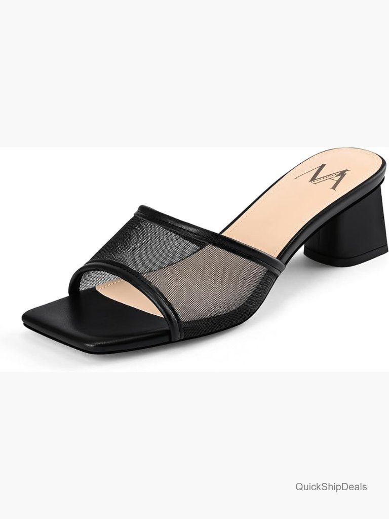 Faux Leather Heeled Mules With Chunky Block Heel, Slip On Sandals